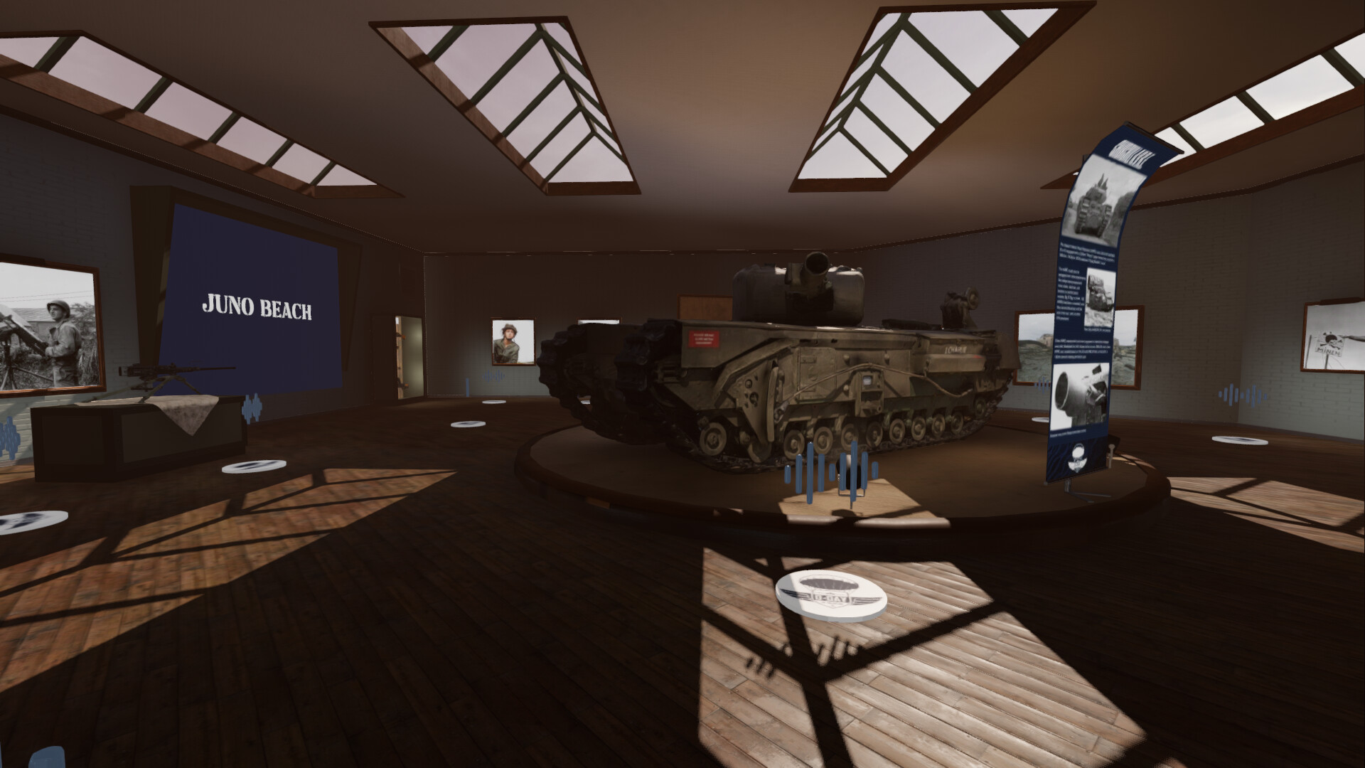 Ausstellungsraum zu Juno Beach mit einem Panzer und historischen Informationen im D-Day VR Museum